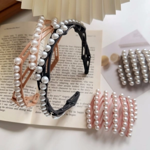 Détails de serre-têtes rétractables avec perles en noir, kaki et rose pour la coiffure