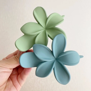 Vue détaillée des pinces à cheveux fleurs mates en vert Morandi et bleu brume