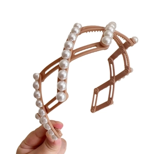 Serre-tête rétractable à perles marron, pliable avec dents antidérapantes pour femme