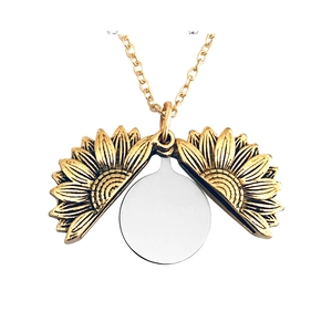 Golden sunflower locket necklace with opening pendant for personalized engraving