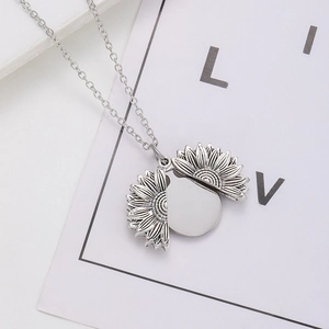 Sunflower locket necklace in silver stainless steel with polished round inner plate