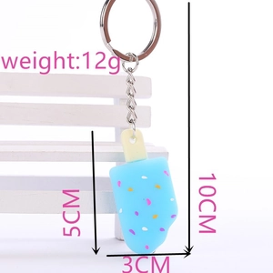 Detail showing 5cm blue silicone ice cream keychain with precise dimensions and weight of 12g