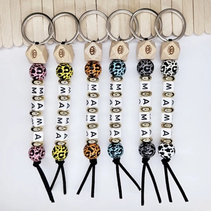 Handmade Wood Bead Keychain Leopard Print MAMA Letter Beaded Wristlet Boho Silicone Bead Bag Pendant Mother Day Gift For Women
