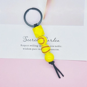 Beaded baseball keychain featuring yellow monogram wood beads and black metal ring