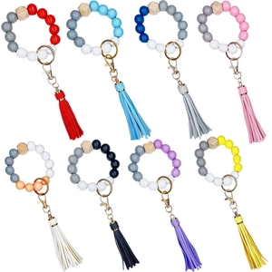 Silicone Wood Bead Wristlet Keychain With PU Leather Tassel Beaded Bracelet Key Ring Holder For Women Fashion Jewelry