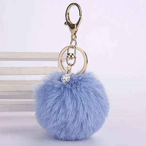 Detail of lavender faux rabbit fur pom pom keychain with sparkling crystal rhinestones