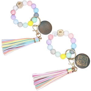 Porte-clés de Poignet en Perles de Silicone Bohème Avec Gland en Cuir Mama Plaque de Bois Bracelet Cadeau Fête des Mères Femme