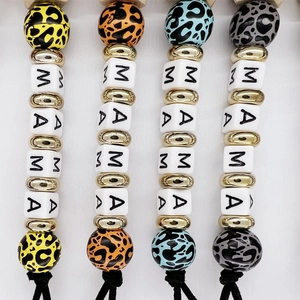 Leopard print wooden bead wristlet keychain set with MAMA letter beads in four colors