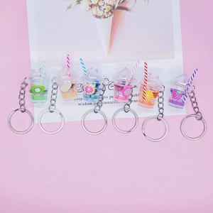 Detailed set of 6 fruit juice cup keychains with sequins and colorful straws
