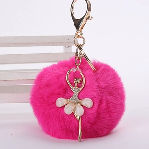 Porte-clés Mignon en Forme de Fille de Ballet avec Boule de Peluche en Strass Pendentif de Sac à Pompon en Fausse Fourrure de Lapin Rex Alliage