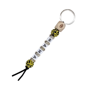 Leopard print wood bead keychain with MAMA letter beads and eye pattern hex charm