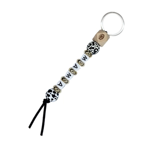 Close-up of leopard print wood beads and MAMA letter beads on keychain wristlet
