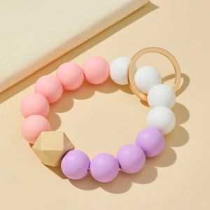 Porte-clés Bracelet à Perles en Silicone et Bois à la Mode pour Femmes Bracelet Porte-clés à Perles Dragonne de Main Charme de Sac Support de Clés de Voiture