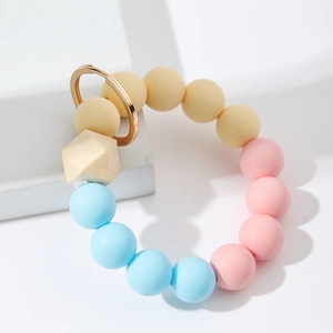 Porte-clés Bracelet en Perles de Silicone Moderne Avec Perle en Bois Géométrique Bracelet Élastique pour Femmes Filles Clés de Voiture