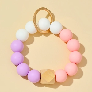 Bracelet porte-clés en perles de silicone et bois violet avec anneau doré chic
