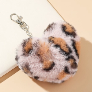 Leopard print heart-shaped plush keychain with silver hook for winter bag decoration