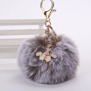 Détail du porte-clés ballerine avec ornements en strass et pompon en fausse fourrure grise