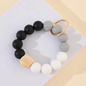 Minimalist Silicone Bead Wood Bead Bracelet Keychain For Women Gold Alloy Key Ring Wristlet Key Chain Handbag Charm Accessory