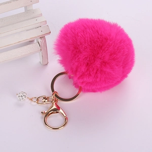 Faux rabbit fur keychain with rose red pompom and sparkling rhinestone ball pendant