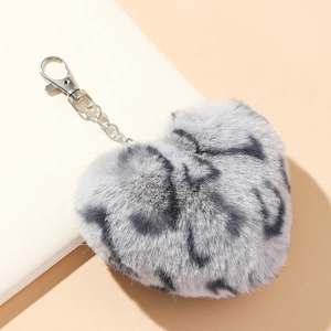 Winter heart shaped plush keychain with grey leopard print and silver lobster clasp