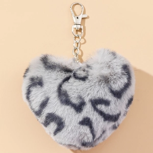 Winter heart-shaped leopard print plush keychain with silver lobster clasp for bags