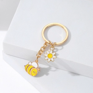 Porte-clés en Métal Abeille Marguerite avec Strass pour Femmes Pendentif Abeille en Alliage Mignon Charme de Sac Fleur en Email Or