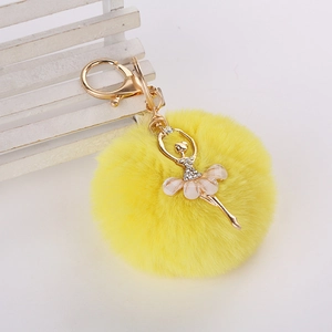 Détail d'un porte-clés en fausse fourrure jaune avec charm de ballerine en strass