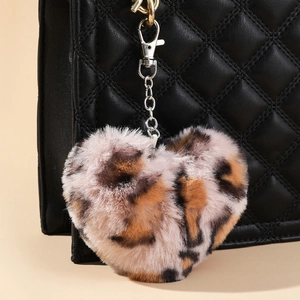Leopard Print Heart Plush Keychain Soft Faux Fur Bag Charm Zinc Alloy Keyring Winter Fashion Accessory For Women Girls