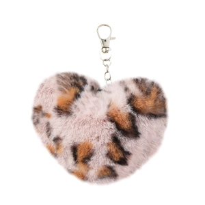 Plush leopard print heart-shaped keychain with soft faux fur and silver metal lobster clasp