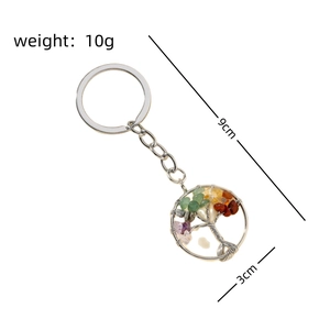 Détail macro du porte-clés Arbre de Vie montrant des cristaux colorés et un diamètre 3cm