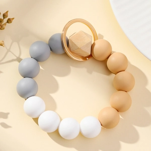 Porte-clés bracelet en perles de silicone avec perles gris, blanc, beige et bois naturel