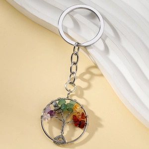 Détail du porte-clés arbre de vie avec pierres de chakra colorées et anneau en argent poli