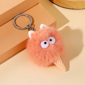 Detailed close-up of a cute plush ice cream keychain with fluffy texture and metal ring
