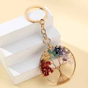 Porte-clés Arbre De Vie Strass Colorés Fil Enveloppé Alliage Pendentif Porte-clés Pour Voiture Sac Charme Style Bohème Bijoux Cadeau
