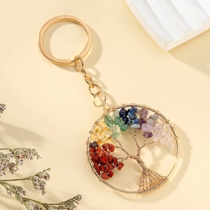 Porte-clés Arbre de Vie fait main avec pierres colorées et fil métallique doré enroulé