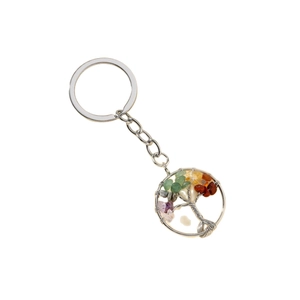 Porte-clés arbre de vie argenté avec perles en pierres multicolores et fil tissé