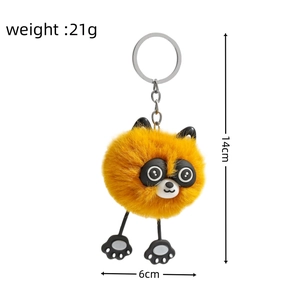 Orange plush raccoon keychain detail with silver ring and size specs 14cm x 6cm