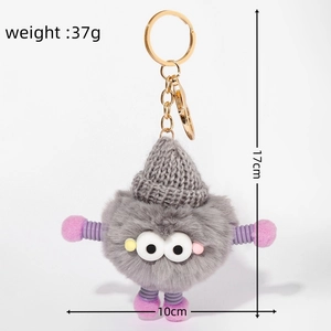 Detailed view of grey plush monster keychain with size specs 17cm height and 37g weight