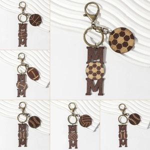 Creative Wooden Sports Ball MOM Keychain Retro Bronze Alloy Hook Baseball Basketball Rugby Soccer Pendant Mother Day Gift