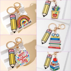 Wood Teacher Keychain Gift Pencil Book Rainbow Wood Pendant For Teachers Day Graduation School Appreciation Gift Keyring