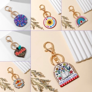 Wooden Teacher Appreciation Keychain Gift Best Teacher Ever Sunflower Rainbow Wood Pendant Key Ring For Teacher's Day School Staff Women Gift