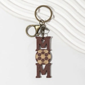 Wooden MOM keychain with football motif for Mother's Day, vintage bronze metal ring