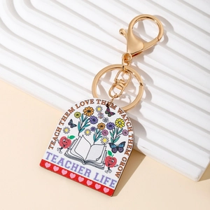 Rainbow teacher life keychain with floral book design and gold lobster clasp