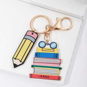 Rainbow pencil and books wooden keychain gift for teachers with golden lobster clasp hardware