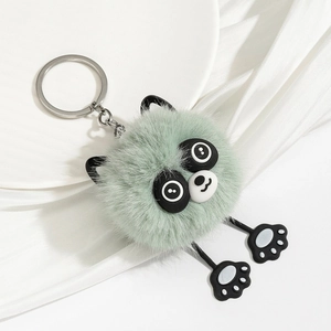 Cute panda plush keychain in light green faux fur with silver metal hook for bags