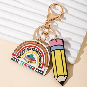 Rainbow teacher appreciation keychain with pencil charm and 'Best Teacher Ever' text