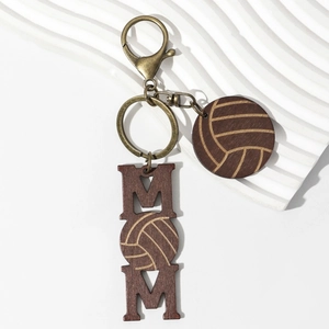 Vertical wooden MOM keychain with volleyball pattern and antique bronze lobster clasp