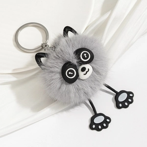 Cute grey raccoon plush keychain with soft fur and silver ring for bags and keys