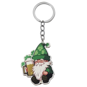 Close-up of Saint Patrick's Day gnome keychain with green clover hat and beer mug charm