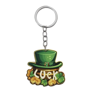 St. Patrick's Day leprechaun hat keychain with shamrock and Luck text on white background